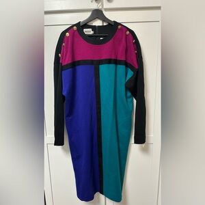 NWT Vintage Leslie Fay Colorblock Dress with Gold Button Accents